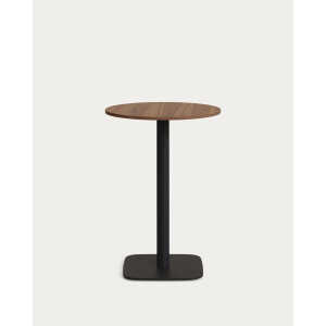 Dina high round table in walnut finish melamine with metal leg in a painted black finish,